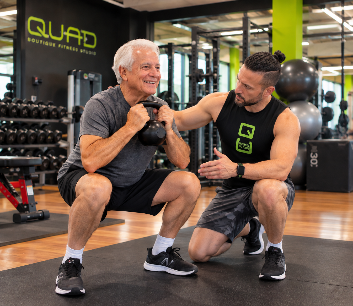 Senior couple exercising with a resistance band and dumbbells