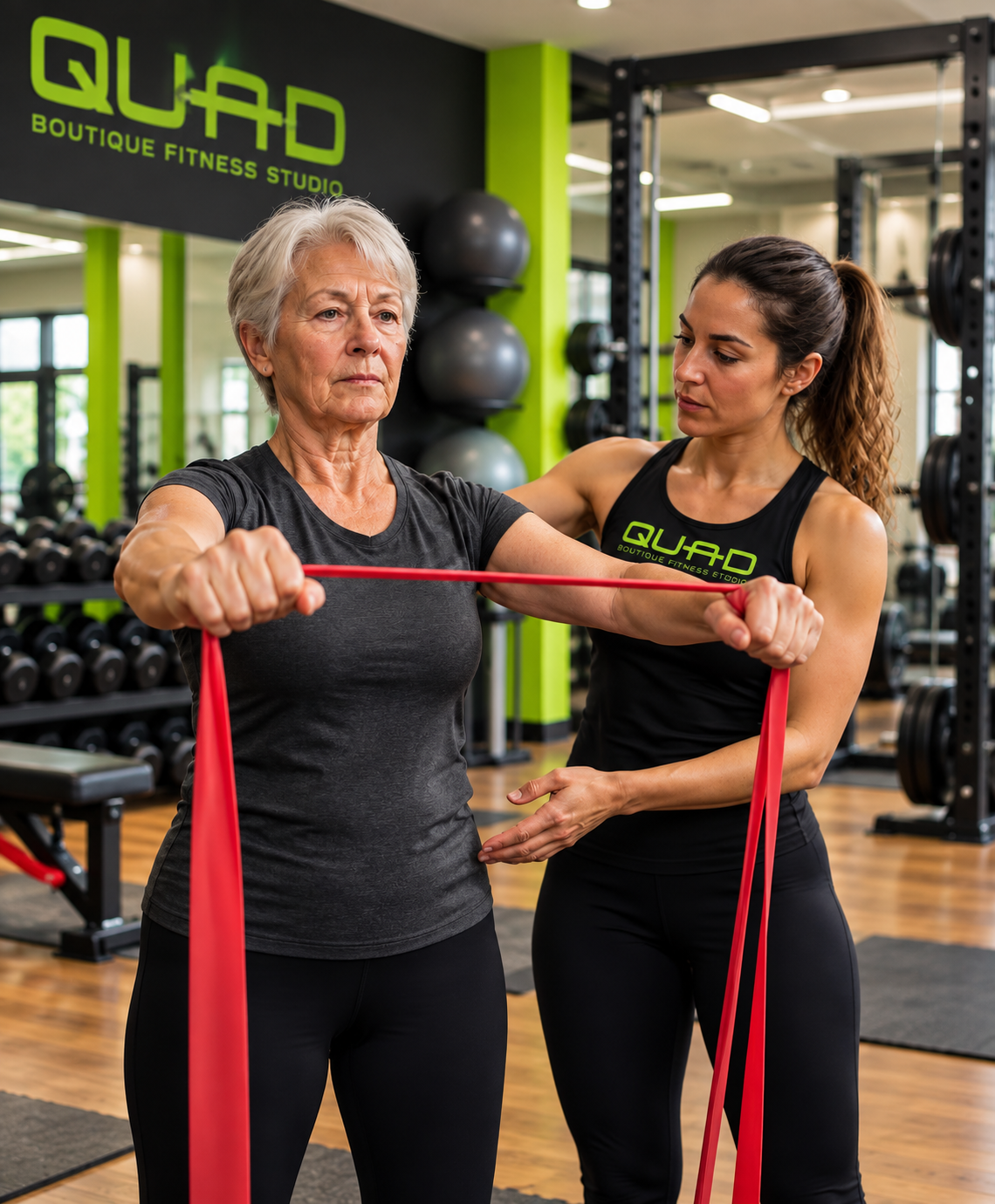 Trainer assisting a senior woman with a resistance band