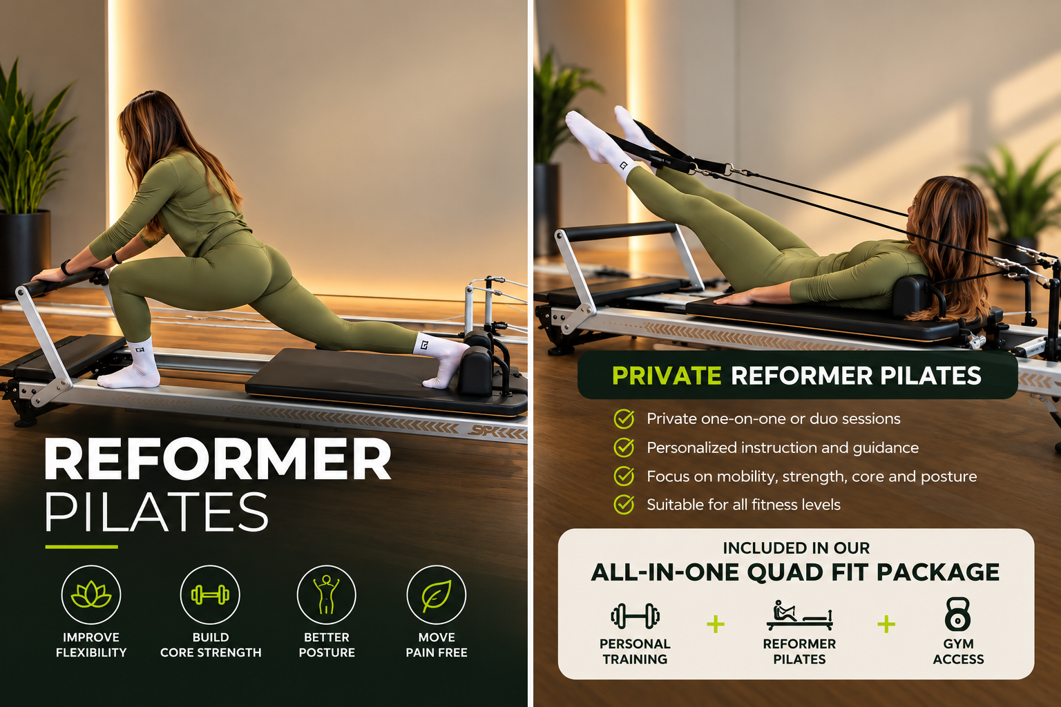 Athlete performing a reformer lunge in a bright Pilates studio