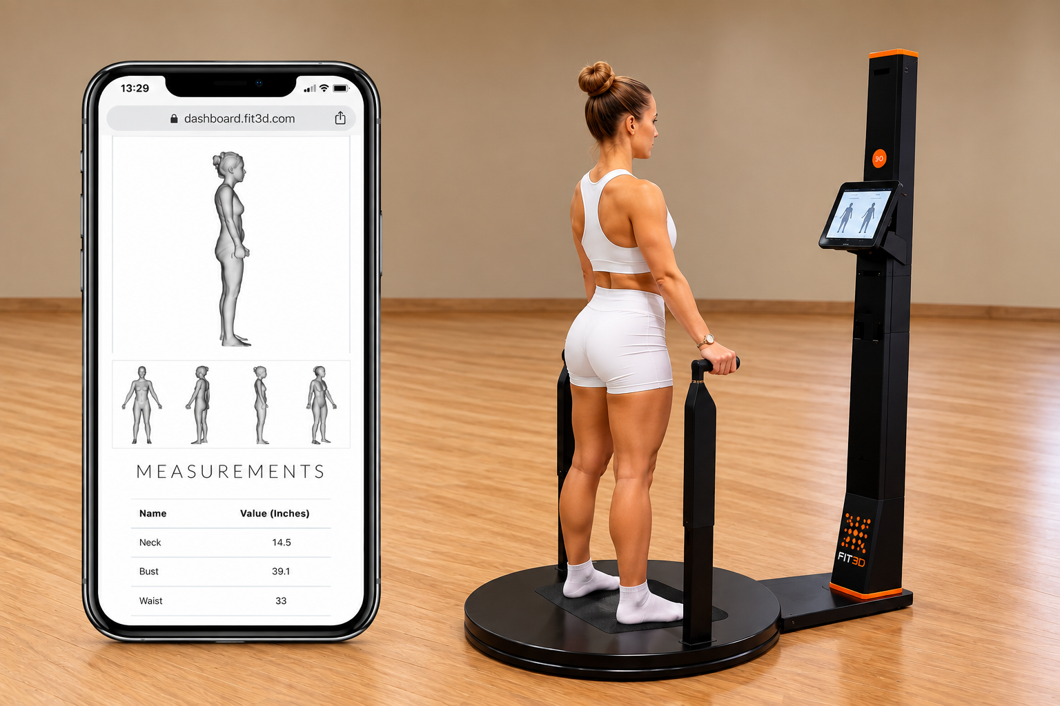 Woman standing on the FIT3D scanner next to a phone showing her body measurements